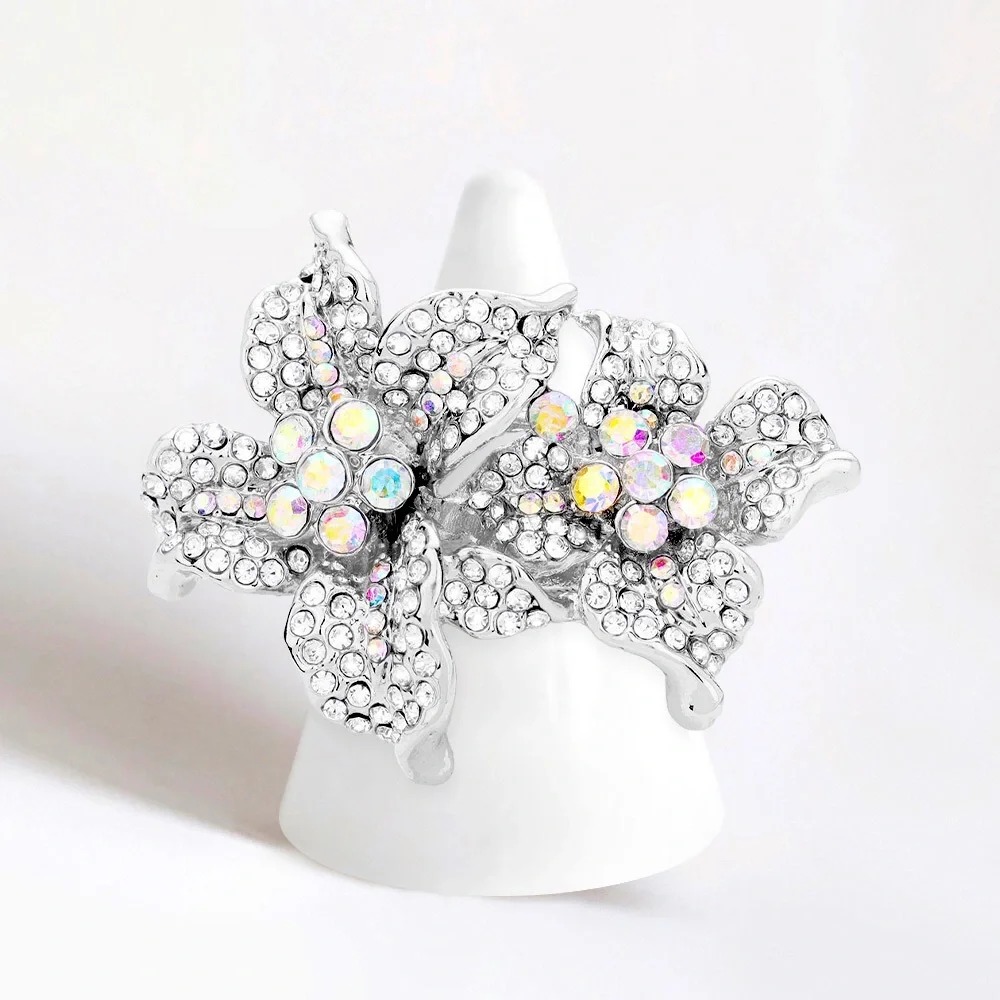 Silver Rhinestone Crystal Bloom Flower Stretch Ring